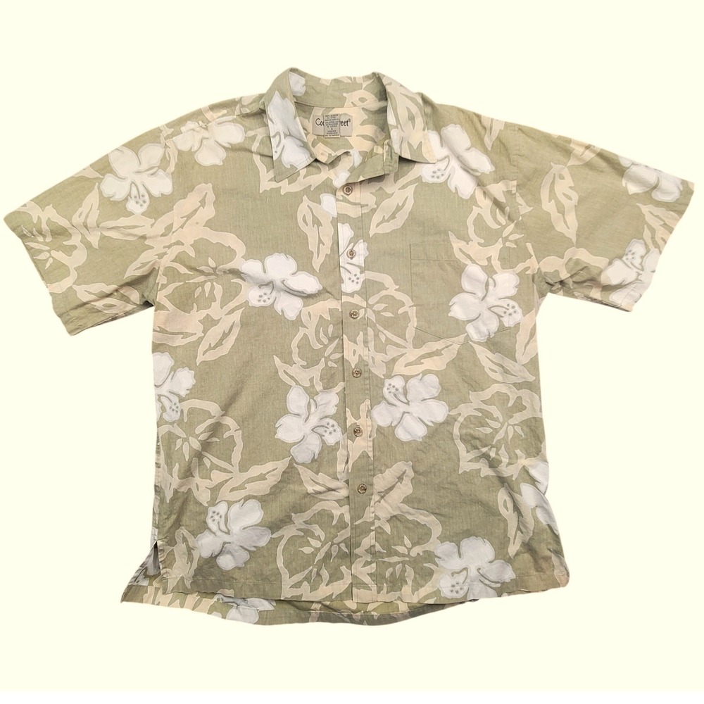 Cooke Street Honolulu Mens L Sage Tan Beige Floral Hibiscus Cotton Aloha Shirt
